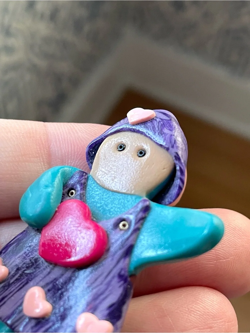 Adorable vintage/style polymer clay girl child brooch w/ hearts